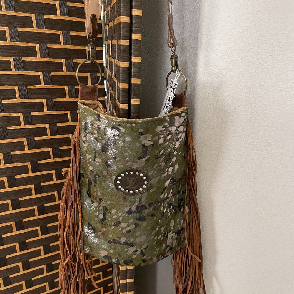 Large Keep It Gypsy- Upcycled Hair on Hide Camo Fringe Bag